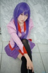 bakemonogatari blouse cosplay hiokichi pleated_skirt purple_eyes purple_hair school_uniform senjougahara_hitagi skirt thighhighs tie zettai_ryouiki rating:Safe score:4 user:pixymisa