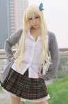 blonde_hair blouse boku_wa_tomodachi_ga_sukunai cardigan cleavage cosplay kashiwazaki_sena miiko pantyhose pleated_skirt school_uniform skirt rating:Safe score:2 user:nil!