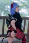 ass blouse blue_hair bonnet bow cosplay croptop lenfried miniskirt remilia_scarlet skirt skirt_lift tail_plug thighhighs touhou wings rating:Questionable score:8 user:nil!