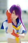 ahoge cosplay croptop fingerless_gloves gloves ikkitousen kanu_unchou purple_hair ryuuna sailor_uniform school_uniform rating:Safe score:1 user:lolzin
