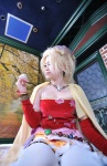 bed blonde_hair cape cosplay detached_sleeves dissidia_final_fantasy dress final_fantasy hairbow noa pantyhose ponytail tina_branford rating:Safe score:1 user:nil!