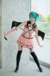 aqua_hair cleavage cosplay dress garter_belt hairbows hatsune_miku project_diva ryui tail thighhighs twintails vocaloid wings world_is_mine_(vocaloid) rating:Safe score:1 user:nil!