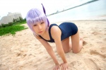 ayane_(doa) beach cleavage cosplay dead_or_alive headband ocean one-piece_swimsuit purple_hair school_swimsuit swimsuit tachibana_minami rating:Safe score:1 user:nil!