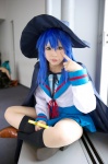 blue_hair cape cosplay izumi_konata kneesocks lucky_star pleated_skirt sailor_uniform school_uniform skirt uriu wand witch_hat rating:Safe score:2 user:pixymisa
