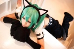 animal_ears aqua_hair blouse cat_ears cosplay ear_muffs hatsune_miku headset mittens project_diva ryuga suspenders tie trousers twintails vocaloid rating:Safe score:2 user:nil!