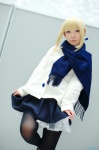 blonde_hair coat cosplay fate/series fate/stay_night maropapi pantyhose pleated_skirt saber scarf skirt skirt_lift rating:Safe score:3 user:nil!
