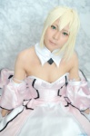 blonde_hair collar cosplay detached_sleeves dress fate/series fate/stay_night gloves hair_ribbon kanna_(ii) petticoat saber strapless rating:Safe score:0 user:pixymisa