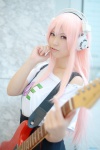 cosplay guitar harumiya_yun headphones jumper nitro_super_sonic pink_hair super_soniko tshirt rating:Safe score:1 user:nil!