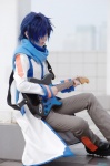 blue_hair boots coat cosplay crossplay default_costume guitar haiji kaito microphone scarf trousers vocaloid rating:Safe score:1 user:nil!