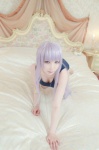 bed cleavage cosplay danganronpa kirigiri_kyouko kirigiri_to_celestia_san_danganronpa lechat pantyhose purple_hair school_swimsuit sheer_legwear swimsuit rating:Safe score:0 user:nil!