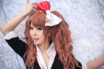blouse blue_eyes cardigan cosplay danganronpa enoshima_junko hairbows red_hair taku_junichi tie twintails rating:Safe score:0 user:pixymisa