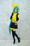 aqua_hair arm_warmers cosplay gloves hairbow hatsune_miku headset pleated_skirt riku skirt sleeveless_blouse tagme_song thighhighs turtleneck twintails vocaloid zettai_ryouiki rating:Safe score:3 user:nil!