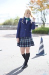 ayase_eri blazer blonde_hair blouse cosplay hikari_(ii) kneesocks love_live!_school_idol_project pleated_skirt ponytail school_uniform skirt rating:Safe score:1 user:nil!