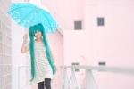 aqua_eyes aqua_hair blouse capri_pants cosplay hatsune_miku rain twintails umbrella vocaloid wristband yuuki_mio rating:Safe score:0 user:pixymisa