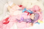 amatsuka_miyu bed blouse cosplay night_cap open_clothes patchouli_knowledge pleated_skirt purple_hair robe skirt thighhighs touhou zettai_ryouiki rating:Safe score:1 user:nil!