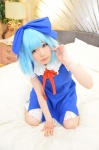 bed blouse blue_hair cirno cosplay hairbow jumper shizuku touhou rating:Safe score:0 user:nil!
