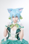 animal_ears aqua_hair cat_ears cleavage cosplay croptop ely elysion gloves miniskirt shinon_(sao) skirt sword_art_online rating:Safe score:0 user:nil!