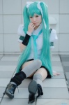 aqua_hair blouse cosplay hair_ribbons hatsune_miku hayase_ami like_a_rolling_star_(vocaloid) miniskirt skirt thighhighs tie twintails vocaloid zettai_ryouiki rating:Safe score:3 user:nil!