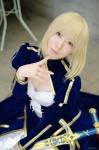 blonde_hair cleavage cosplay dress fate/series fate/stay_night jacket maropapi saber sword rating:Safe score:1 user:nil!