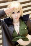 america axis_powers_hetalia blonde_hair cleavage cosplay hair_clip leather_jacket manabe_yuki necklace nyotalia shirt_tied rating:Safe score:1 user:pixymisa