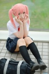 aka ayasaki_remi blouse bookbag cosplay hori-san_to_miyamura-kun kneesocks pink_hair pleated_skirt school_uniform skirt twintails rating:Safe score:0 user:nil!
