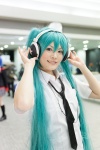 aqua_eyes aqua_hair blouse chica cosplay hatsune_miku headphones tie twintails vocaloid rating:Safe score:0 user:pixymisa