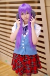 cosplay hanyuu higurashi_no_naku_koro_ni horns kidsuki_runa miniskirt plaid pleated_skirt purple_hair school_uniform skirt vest rating:Safe score:0 user:nil!