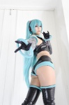 aira aqua_hair ass boots cosplay croptop detached_sleeves elbow_gloves gloves hatsune_miku headset pantyhose project_diva shorts thigh_boots thighhighs twintails vocaloid rating:Safe score:7 user:xkaras