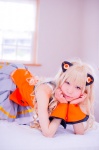 animal_ears aonyan bed blonde_hair cat_ears cosplay pleated_skirt seeu skirt sleeveless_blouse thighhighs vocaloid rating:Safe score:0 user:nil!