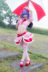 blouse blue_hair bonnet bow cosplay croptop half_skirt_open_front lenfried rain remilia_scarlet tail tail_plug thighhighs touhou umbrella wings rating:Safe score:0 user:nil!