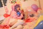 amatsuka_miyu bed cosplay dress hat lollipop panties patchouli_knowledge purple_hair robe thighhighs touhou rating:Safe score:3 user:nil!