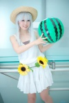 anji- beach_ball blouse cosplay flowers green_eyes haiyore!_nyaruko-san miniskirt nyaruko skirt straw_hat watermelon white_hair rating:Safe score:1 user:pixymisa