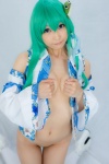 blouse bottomless cosplay detached_sleeves green_hair kneehighs kochiya_sanae lenfried open_clothes paipan touhou rating:Questionable score:3 user:nil!