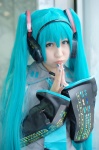 aqua_hair blouse cosplay detached_sleeves hatsune_miku headset hioron tie twintails vocaloid rating:Safe score:1 user:nil!