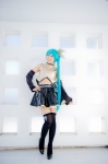 aqua_hair black_legwear cosplay croptop detached_sleeves hairbow hatsune_miku mashiro_yuki pleated_skirt ponytail project_diva skirt thighhighs vocaloid zettai_ryouiki rating:Safe score:0 user:nil!