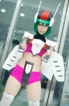 cosplay detached_sleeves green_hair halter_top helmet macross macross_frontier miiko pantyhose ranka_lee shorts thighhighs wings rating:Safe score:3 user:nil!