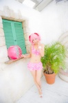 beach_ball bikini_top cleavage cosplay hair_ribbons kaname_madoka mashiro_yuki miniskirt pink_hair puella_magi_madoka_magica skirt swimsuit twintails rating:Safe score:0 user:nil!