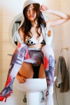 bathroom bra cleavage hoodie keep_out kurahashi_sayuri mirror pantyhose shorts rating:Safe score:3 user:nil!