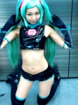 aqua_hair cosplay croptop detached_sleeves elbow_gloves gloves hatsune_miku headset necoco project_diva shorts thighhighs twintails vocaloid rating:Safe score:2 user:nil!