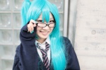 aqua_hair blouse cardigan cosplay glasses hatsune_miku looking_over_glasses nyai tie twintails vocaloid rating:Safe score:0 user:pixymisa