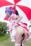 ass blouse blue_hair bonnet bow cosplay croptop half_skirt_open_front lenfried rain remilia_scarlet tail_plug thighhighs touhou umbrella wings rating:Questionable score:9 user:nil!