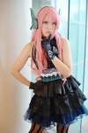 black_legwear cosplay dress gloves harumiya_yun headset magnet_(vocaloid) megurine_luka pantyhose pink_hair striped_legwear vocaloid rating:Safe score:2 user:nil!