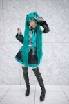 aqua_hair blouse boots cosplay detached_sleeves hatsune_miku headset microphone mineo_kana pleated_skirt skirt thigh_boots thighhighs tie twintails vocaloid zettai_ryouiki rating:Safe score:1 user:nil!