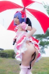 ass blouse blue_hair bonnet bow cosplay croptop half_skirt_open_front lenfried rain remilia_scarlet tail_plug thighhighs touhou umbrella wings rating:Questionable score:4 user:nil!