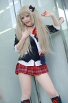 blonde_hair blouse boots cardigan cosplay danganronpa enoshima_junko pantyhose pleated_skirt school_uniform skirt tie twintails yagami_tsubame rating:Safe score:2 user:nil!