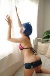 ahoge ass bed bikini_top blue_hair cosplay denim eyepatch ikkitousen kibashi open_clothes ryomou_shimei shorts swimsuit rating:Safe score:2 user:nil!