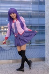 bakemonogatari blouse cosplay mochizuki_miuna pleated_skirt purple_hair school_uniform senjougahara_hitagi skirt skirt_lift thighhighs tie zettai_ryouiki rating:Safe score:0 user:pixymisa