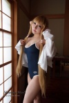 blonde_hair blouse chii_(chobits) chobits cleavage cosplay hairband momoiro_merankori one-piece_swimsuit open_clothes saku swimsuit rating:Safe score:3 user:nil!
