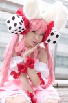 amamiya_tooru animal_ears bunny_ears cosplay dice di_gi_charat dress kneesocks pink_hair usada_hikaru rating:Safe score:0 user:nil!