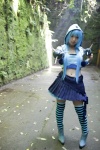 asakura_kana beach blue_hair boots cosplay croptop gundam msm-07_z'gok ocean pleated_skirt skirt striped tank_top thighhighs zettai_ryouiki rating:Safe score:1 user:nil!